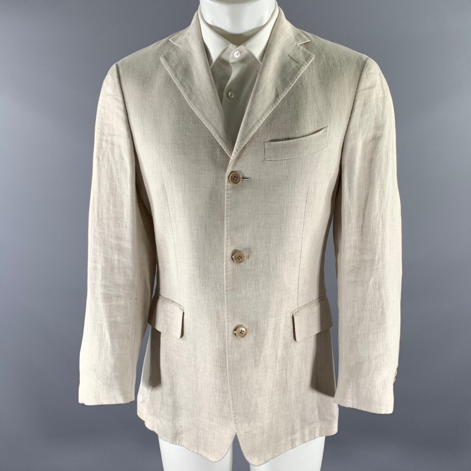 Salvatore Ferragamo Size 38 Cream Herringbone Linen Sport Coat